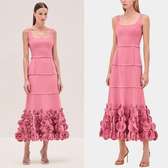 Alexis Demina Rose Pink Rosette Midi Dress Size XXS Raw Edge Floral Sleeveless - Picture 1 of 15